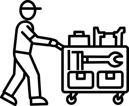 Warehouse maintenance worker pushing mechanical tool cart Stock Illustration