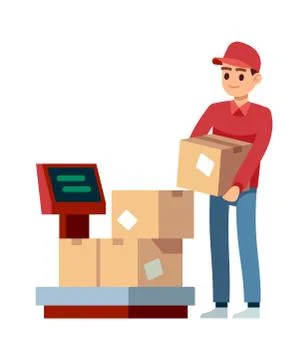 Warehouse. Man puts boxes on scales in industry offices, isolated vector comcept Stockillustratie