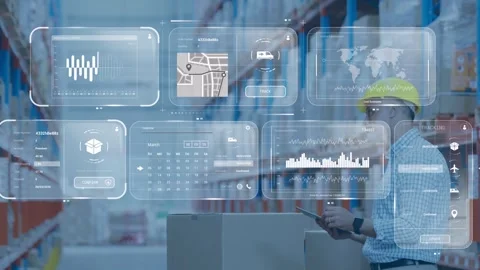 Warehouse man tapping tablet with AR overlay appearing checking map chart Stock Footage 332821987
