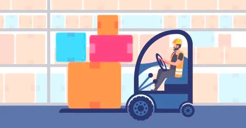 Warehouse man worker in uniform driving forklift truck stacking cardboard boxes Stock Illustration