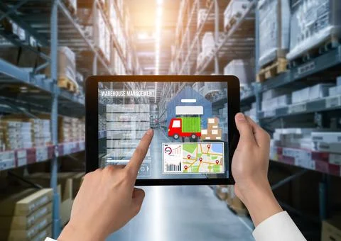 Warehouse management innovative software in computer for real time monitoring Stock Photos
