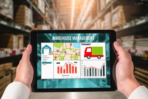 Warehouse management innovative software in computer for real time monitoring Foto stock