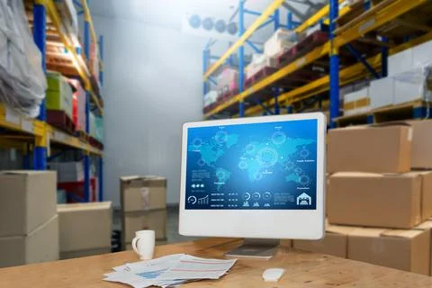 Warehouse management innovative software in computer for real time monitoring Foto stock
