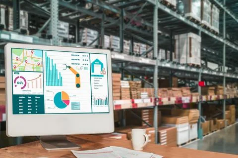 Warehouse management innovative software in computer for real time monitoring Foto stock