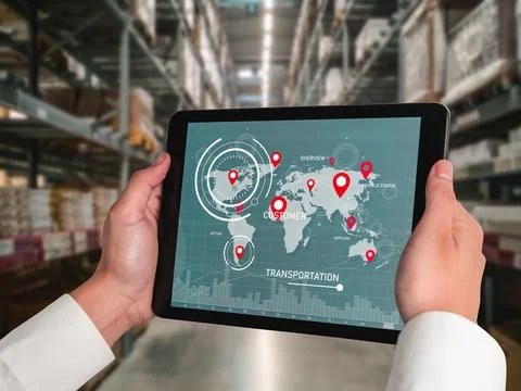 Warehouse management innovative software in computer for real time monitoring Stock-Fotos