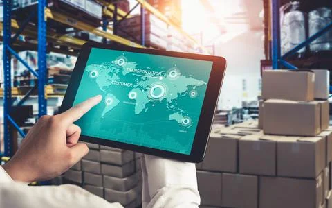 Warehouse management innovative software in computer for real time monitoring Foto stock