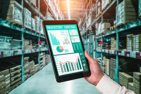 Warehouse management innovative software in computer for real time monitoring Stock Photos