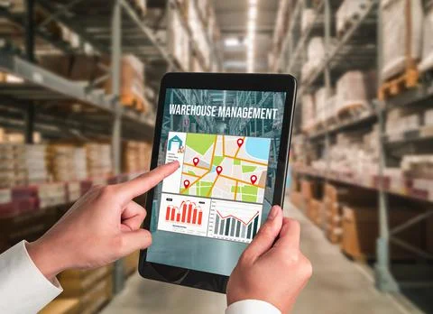 Warehouse management innovative software in computer for real time monitoring Stock Photos