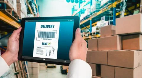 Warehouse management innovative software in computer for real time monitoring Stock Photos