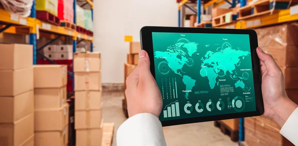 Warehouse management innovative software in computer for real time monitoring Stock Photos