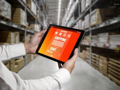 Warehouse management innovative software in computer for real time monitoring Foto stock