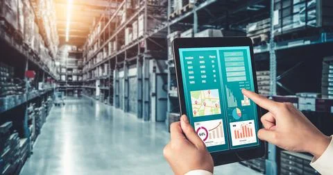 Warehouse management innovative software in computer for real time monitoring Stock Photos