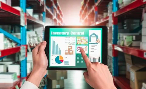 Warehouse management innovative software in computer for real time monitoring Foto stock