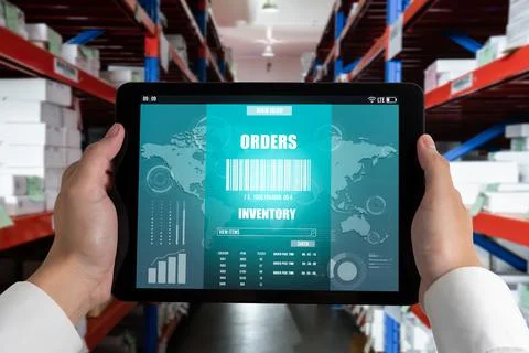 Warehouse management innovative software in computer for real time monitoring 스톡 사진