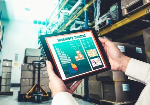 Warehouse management innovative software in computer for real time monitoring Stock Photos