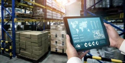 Warehouse management innovative software in computer for real time monitoring Foto stock