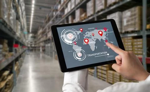 Warehouse management innovative software in computer for real time monitoring 스톡 사진