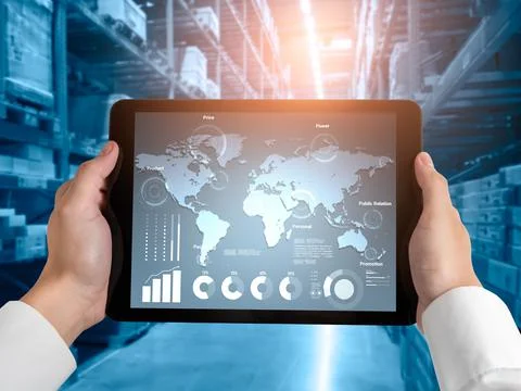 Warehouse management innovative software in computer for real time monitoring Stock Photos