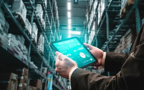 Warehouse management innovative software in computer for real time monitoring Stock Photos