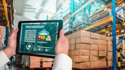 Warehouse management innovative software in computer for real time monitoring Stock Photos