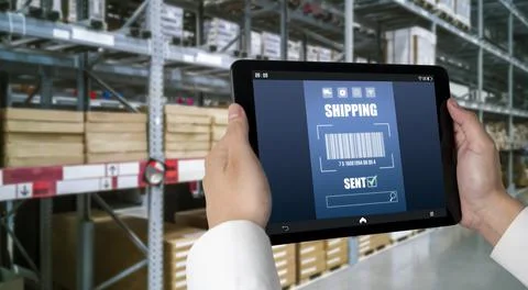 Warehouse management innovative software in computer for real time monitoring Foto stock