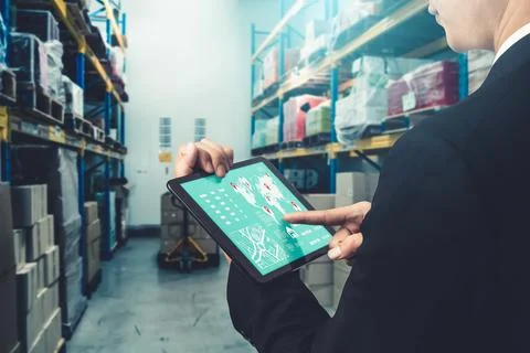 Warehouse management innovative software in computer for real time monitoring Foto stock