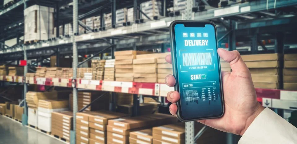 Warehouse management innovative software in computer for real time monitoring Foto stock