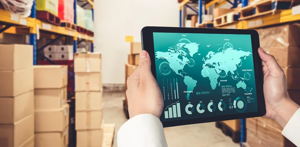 Warehouse management innovative software in computer for real time monitoring Stock Photos