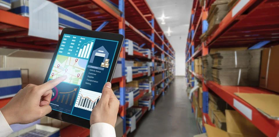 Warehouse management innovative software in computer for real time monitoring Stock Photos
