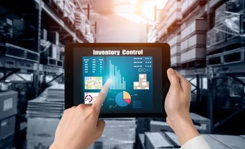 Warehouse management innovative software in computer for real time monitoring Stock Photos