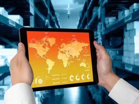 Warehouse management innovative software in computer for real time monitoring Stock Photos