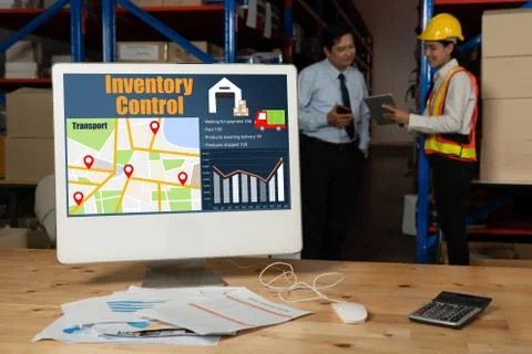 Warehouse management software application in computer for real time monitoring Stock Photos