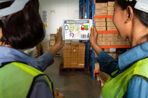Warehouse management software application in computer for real time monitoring Stock Photos