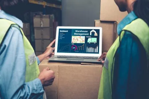 Warehouse management software application in computer for real time monitoring Stock Photos