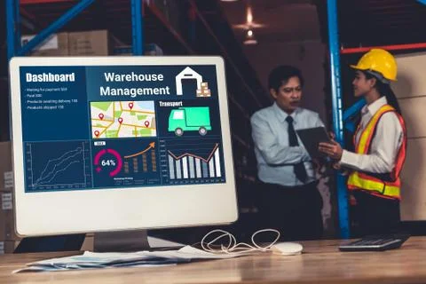 Warehouse management software application in computer for real time monitoring Stock Photos