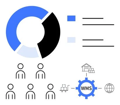 Warehouse Management System Diagram with Pie Chart and User Icons in Blue, .. Stockillustratie