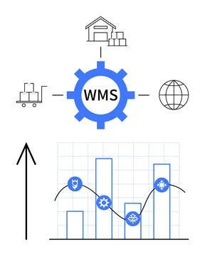 Warehouse Management System Elements and Performance Graph with Growth Arrow Stock Illustration