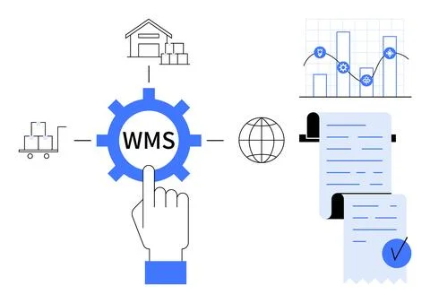 Warehouse Management System Overview with Graphs and Logistics Elements Illustrazione stock
