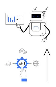 Warehouse Management System Robot Analyzing Data with Growth Arrow Illustrazione stock