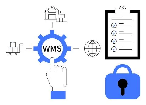 Warehouse Management System Vector Icon with Warehouse, Checklist, Security.. Stock Illustration