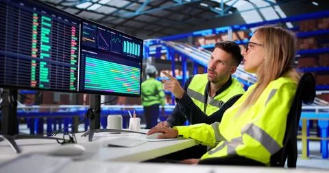 Warehouse Manager Analyzes Spreadsheets On Desktop Computer For Logistics Com Stock Photos
