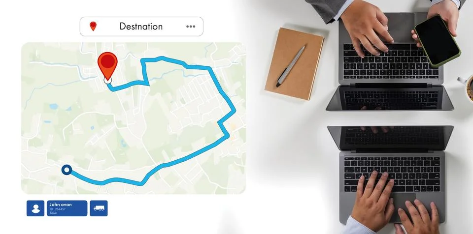 Warehouse manager analyzing logistics tracking dashboard on laptop showing .. Stock Photos