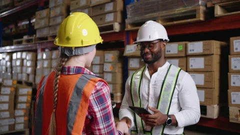 Warehouse manager and client in discussion Video stock 164238396