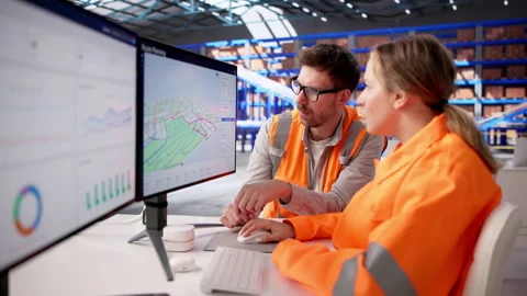 Warehouse Manager Checks Computer Screens Stock Footage 331155205