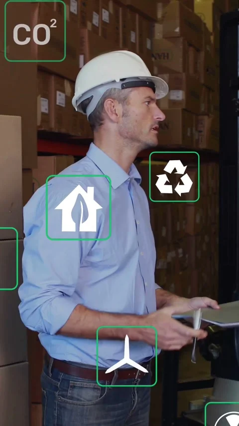 Warehouse manager entering aisle checking box pointing forklift logging 스톡 동영상 333835973