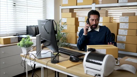 Warehouse manager multitasking with phone call Stock Footage 326276578