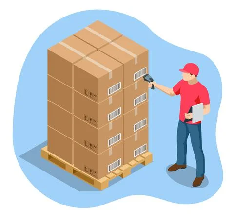 Warehouse manager or warehouse worker with bar code scanner checking goods on Illustrazione stock