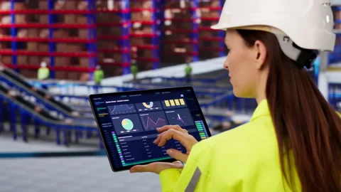 Warehouse Manager Reviews Inventory Data On Tablet Stock Footage 330254373