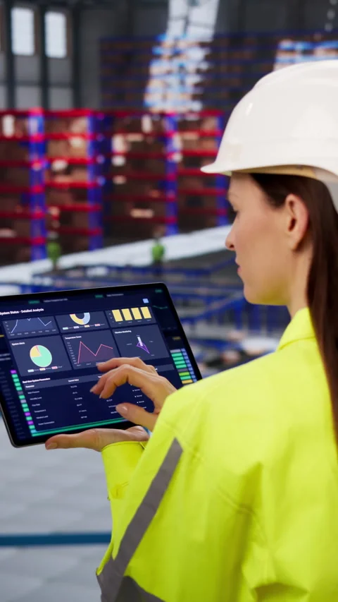 Warehouse Manager Reviews Inventory Data On Tablet Stock Footage 331162368