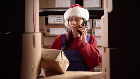 Warehouse manager in Santa hat talking over phone while smiling holding parcel Stock Footage 249509764